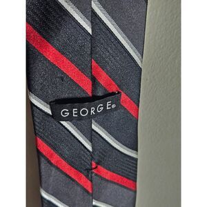 George Men's Necktie Black Red Silver White Striped 100% Silk Dress Work Tie